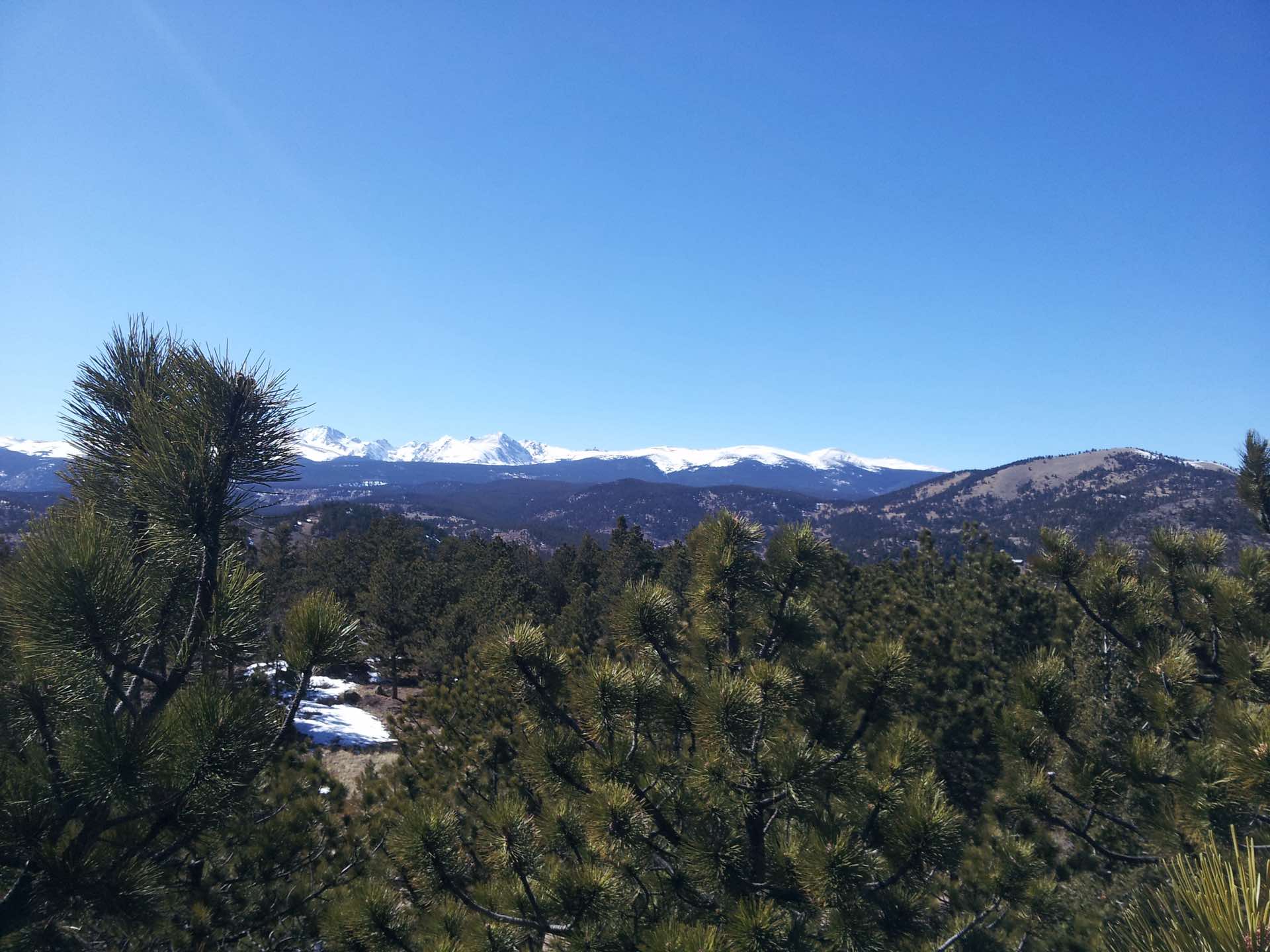 Snow-capped Indian Peaks over pine-forested Boulder County foothills